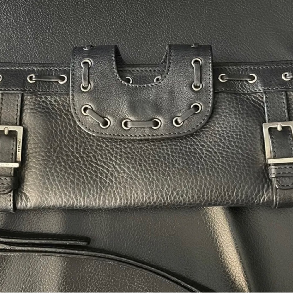 Versace Black Leather Wristlet Handbag